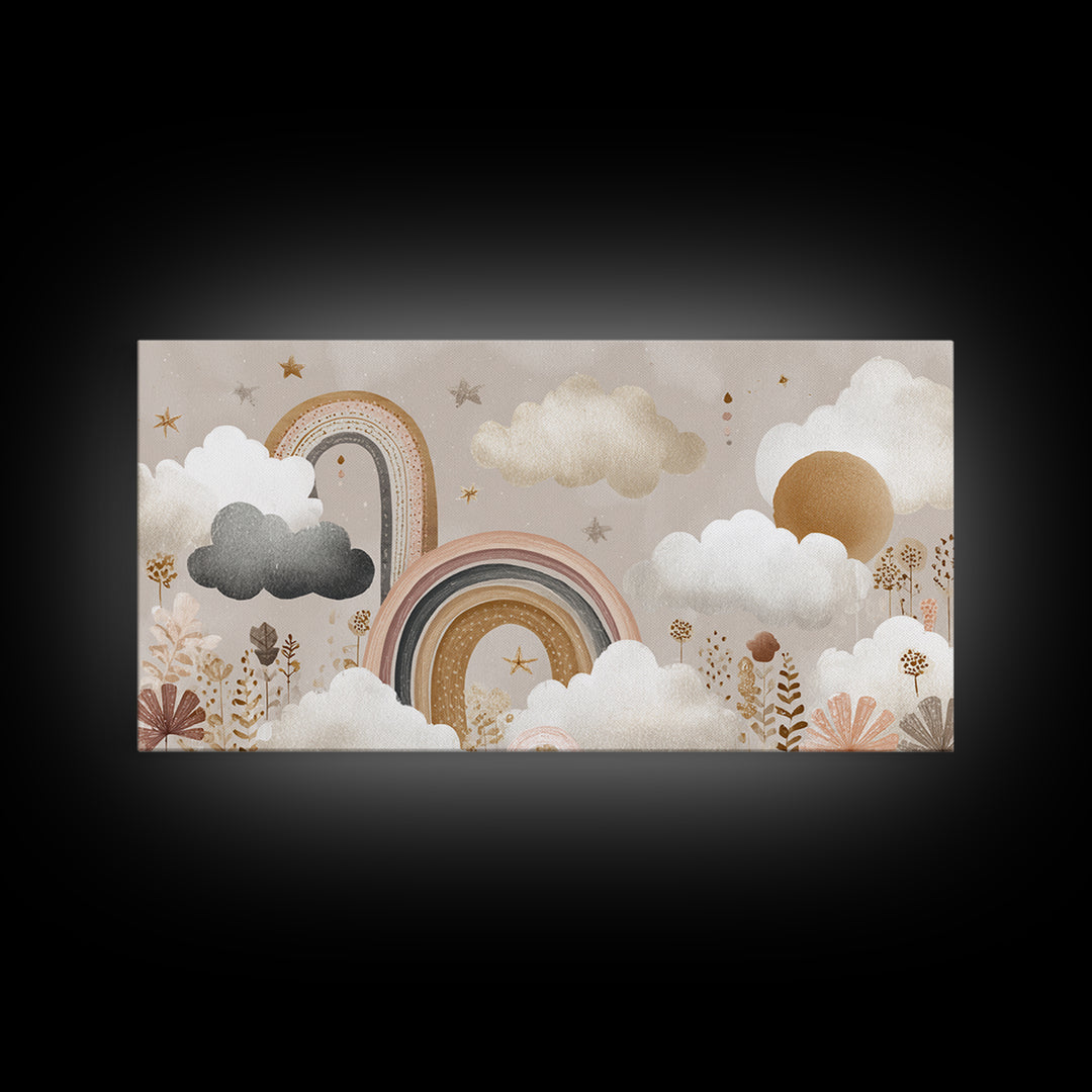 Cloud Rainbow and Raindrop Composition Canvas Print, Nursery Decor, Framed Wall Art, Fine Art, Nursery, Safari Nursery Decor, NDE-2x1-64