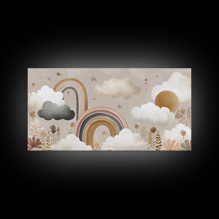 Cloud Rainbow and Raindrop Composition Canvas Print, Nursery Decor, Framed Wall Art, Fine Art, Nursery, Safari Nursery Decor, NDE-2x1-64