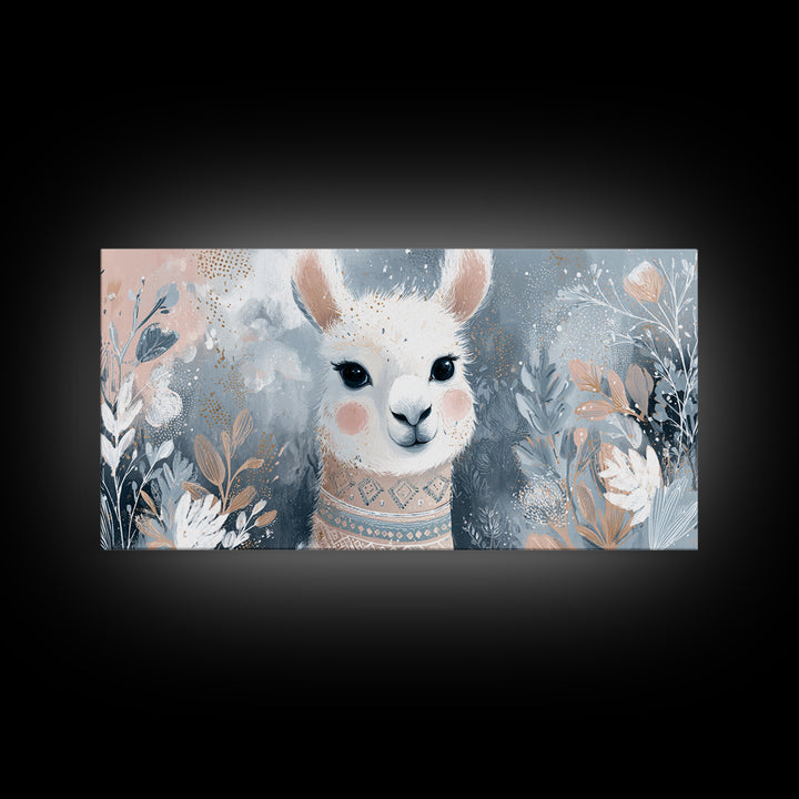 Cute Llama with Blanket Pattern Framed Canvas Print, Nursery Decor, Wall Decals, Abstract Art, Nursery, Girl Nursery Decor, NDE-2x1-65