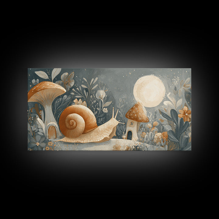 Garden Snail with Mushroom House Framed Canvas Print, Nursery Decor, Gallery Decor, Fine Art, Nursery, Wall Art, Home Decor, NDE-2x1-67