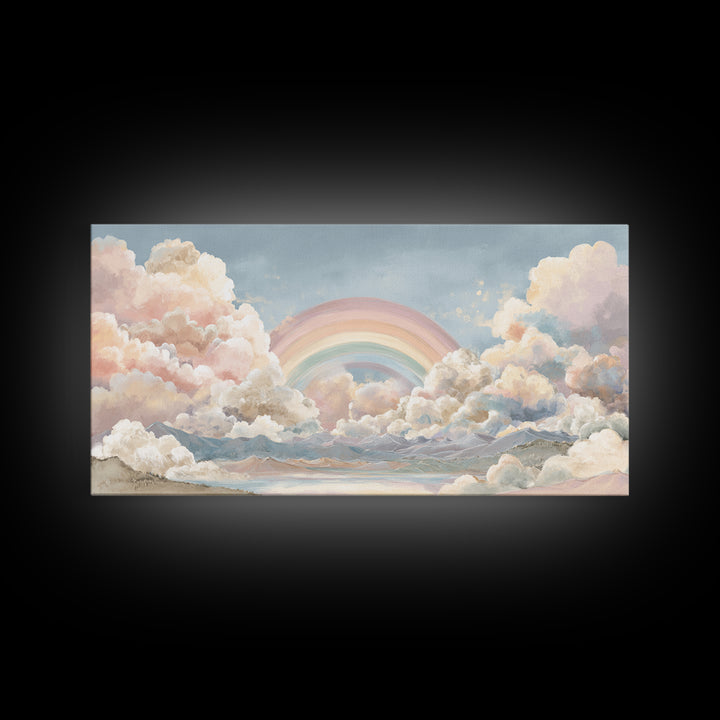 Pastel Rainbow with Soft Cloud Shapes Canvas Print, Nursery Decor, Floral Wall Art, Abstract Art, Nursery, Gallery Decor, NDE-2x1-69