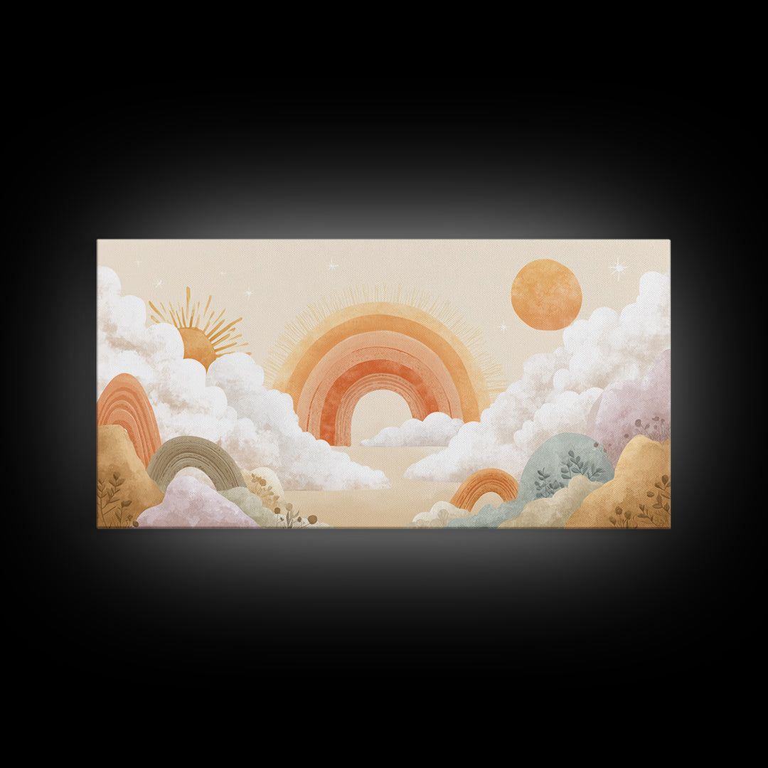 Neutral Boho Sun and Arch Shapes Framed Canvas Print, Nursery Decor, Canvas, Abstract Art, Nursery, Playroom Decor, NDE-2x1-7