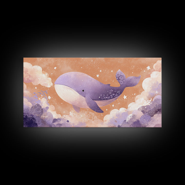 Baby Whale Swimming Through Stars Canvas Print, Nursery Decor, Nursery Prints, Fine Art, Nursery, Nursery Wall Decal, NDE-2x1-76