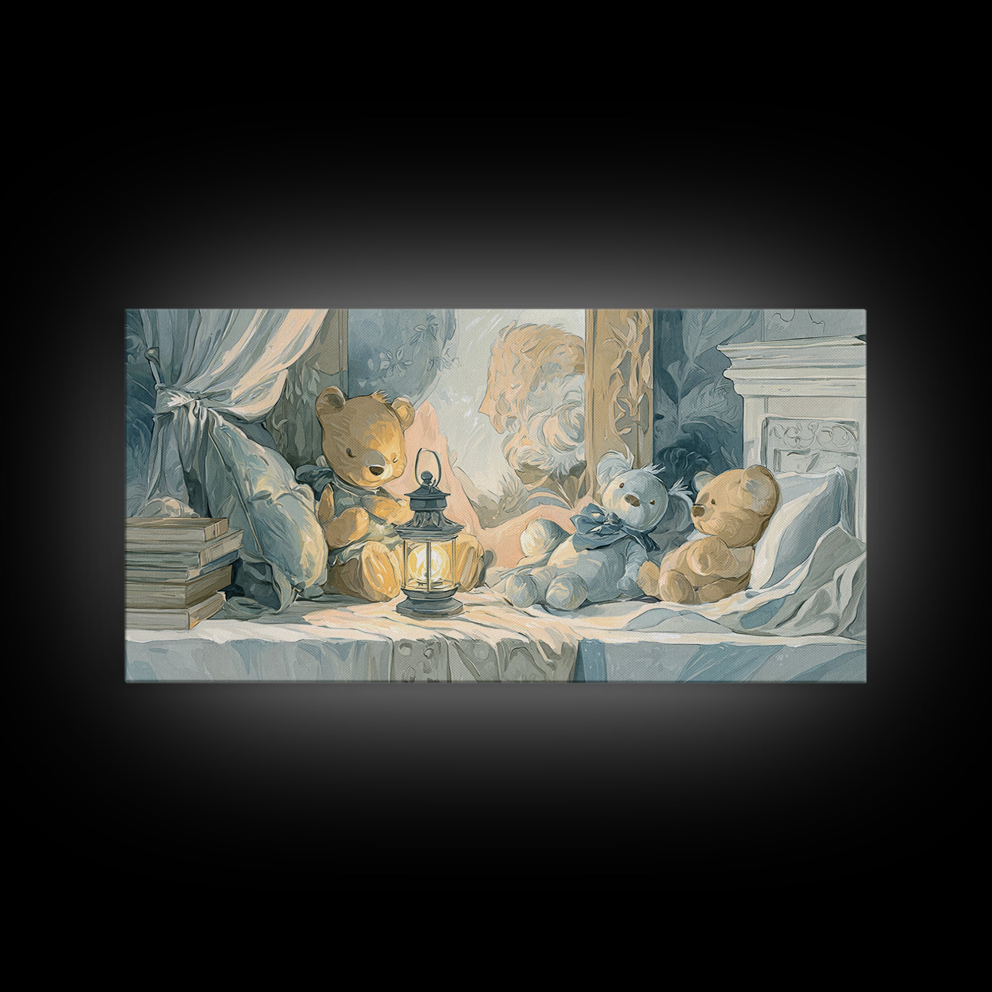 Storybook Bear with Little Lantern Canvas Print, Nursery Decor, Wall, Oil Painting, Nursery, Nursery Wall Decals, NDE-2x1-77