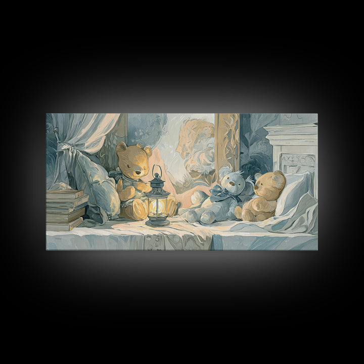 Storybook Bear with Little Lantern Canvas Print, Nursery Decor, Wall, Oil Painting, Nursery, Nursery Wall Decals, NDE-2x1-77