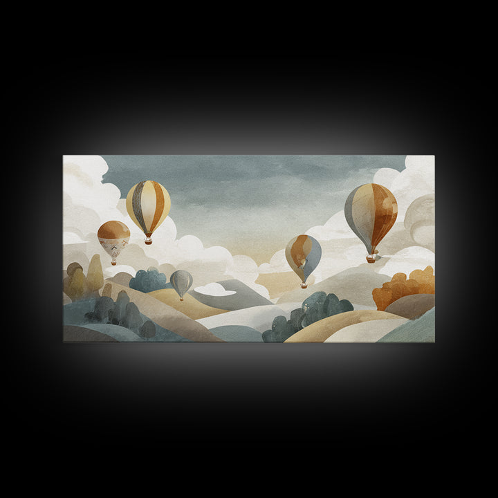 Hot Air Balloon Drifting Framed Canvas Print, Nursery Decor, Playroom Decor, Nursery, Boy Nursery Decor, Gallery Decor, NDE-2x1-80