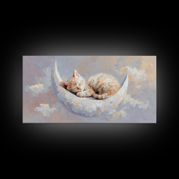Sleeping Kitten on Crescent Moon Framed Canvas Print, Nursery Decor, Nursery Prints, Fine Art, Nursery, Nursery Wall Decal, NDE-2x1-85