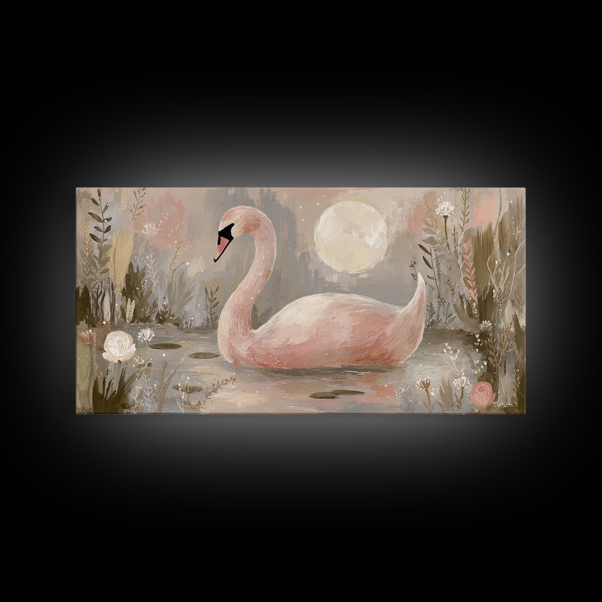Pink Swan on Calm Pond Framed Canvas Print, Nursery Decor, Printable Wall Art, Nursery, Nursery Prints, Playroom Decor, NDE-2x1-9
