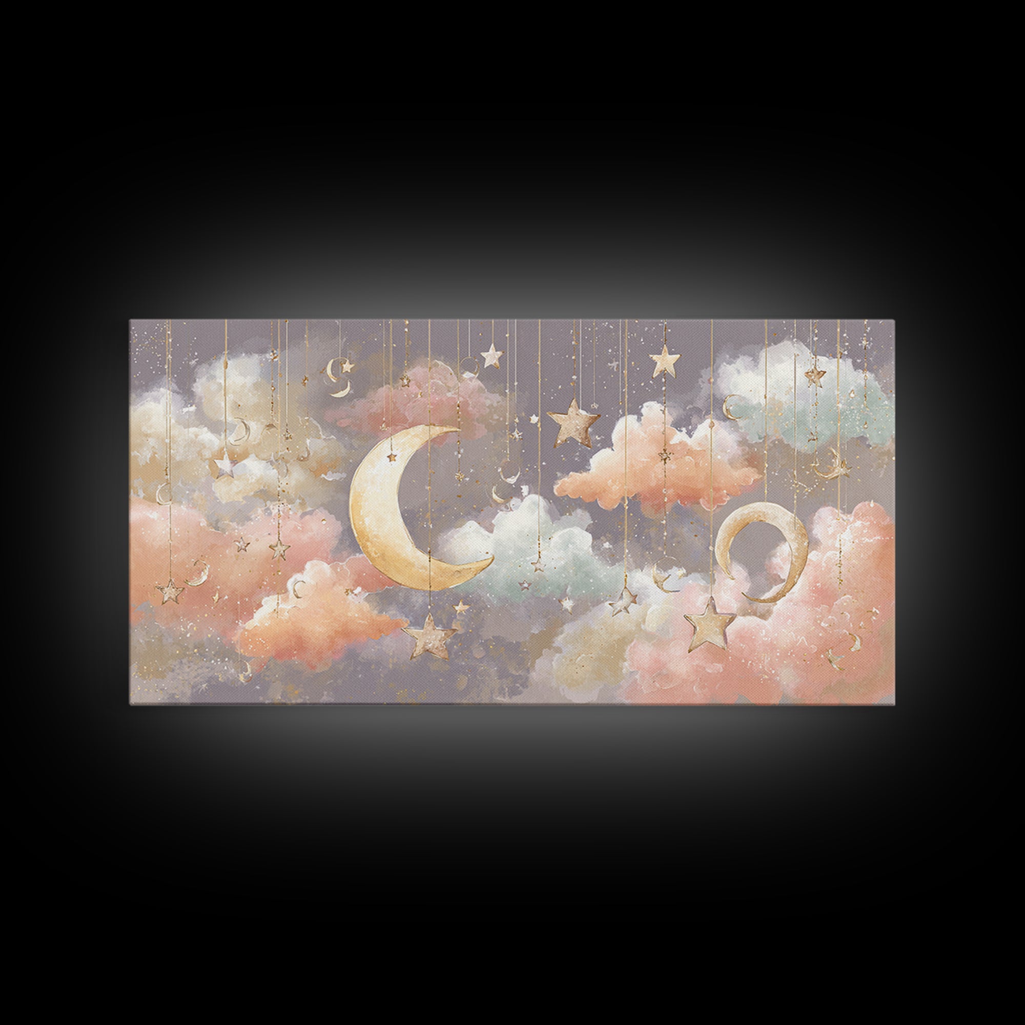 Moon Phase Mobile Framed Canvas Print, Nursery Decor, Neutral Decor, Fine Art, Nursery, Home Decor, Wall Decor, Art Print, NDE-2x1-95