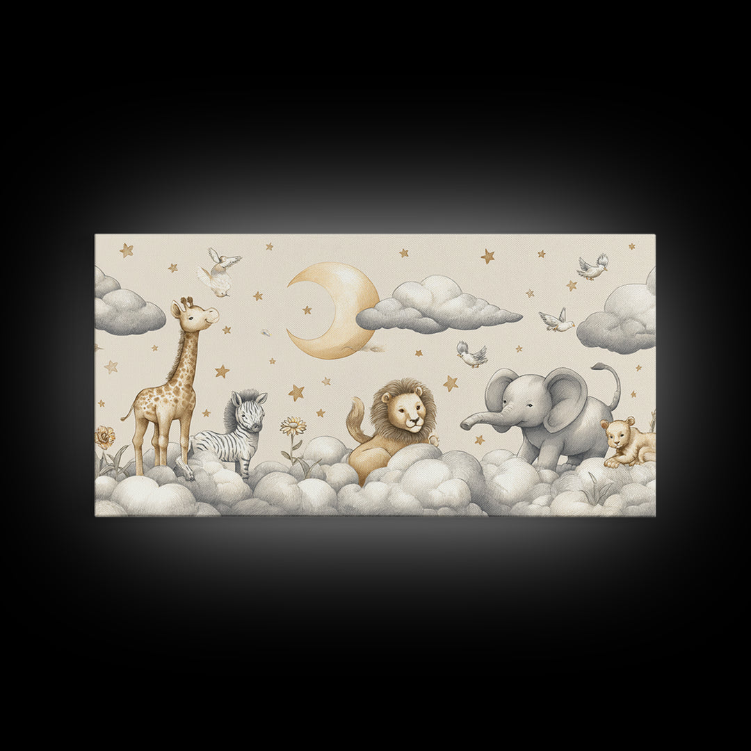 Cute Safari Animals Framed Canvas Print, Nursery Decor, Floral Wallpaper, Oil Painting, Nursery, Fine Art Print, NDE-2x1-96