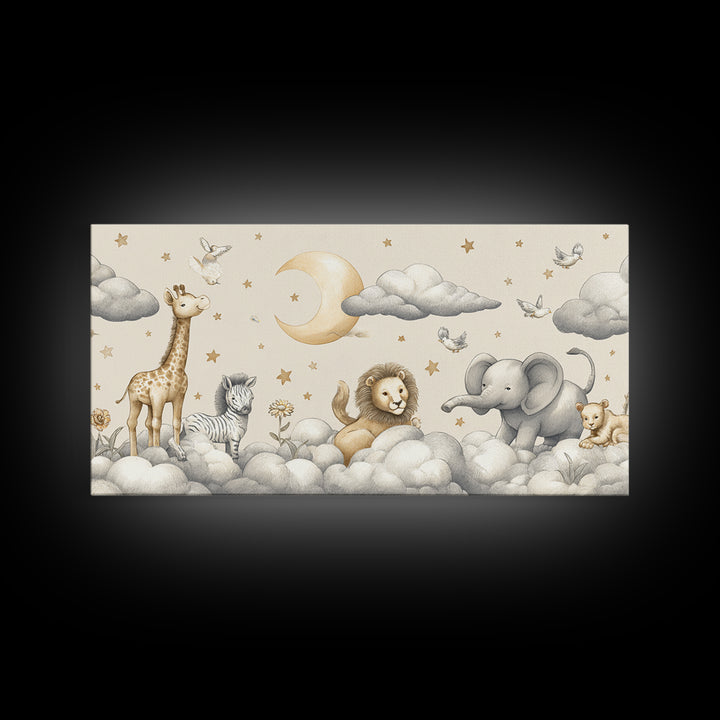 Cute Safari Animals Framed Canvas Print, Nursery Decor, Floral Wallpaper, Oil Painting, Nursery, Fine Art Print, NDE-2x1-96