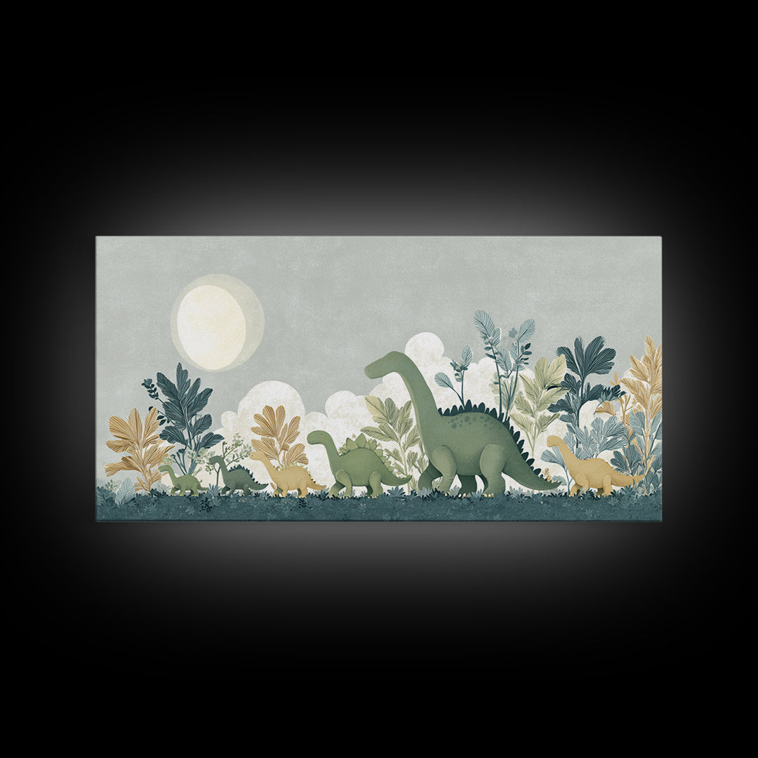 Gentle Dinosaur Family Framed Canvas Print, Nursery Decor, Floral Wall Art, Fine Art, Nursery, Gallery Decor, Neutral Decor, NDE-2x1-99
