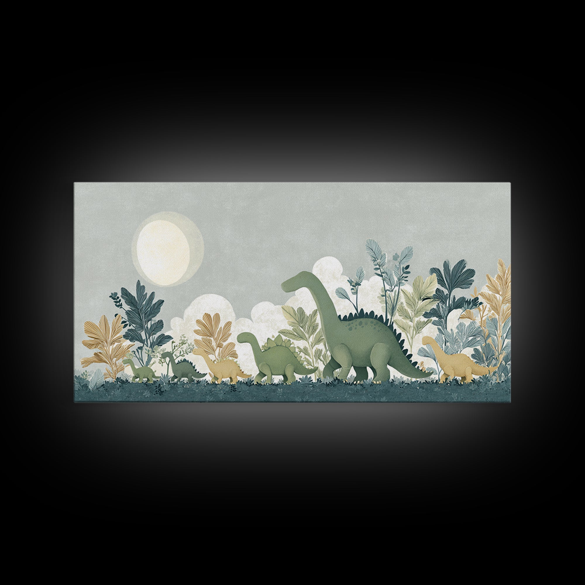 Gentle Dinosaur Family Framed Canvas Print, Nursery Decor, Floral Wall Art, Fine Art, Nursery, Gallery Decor, Neutral Decor, NDE-2x1-99