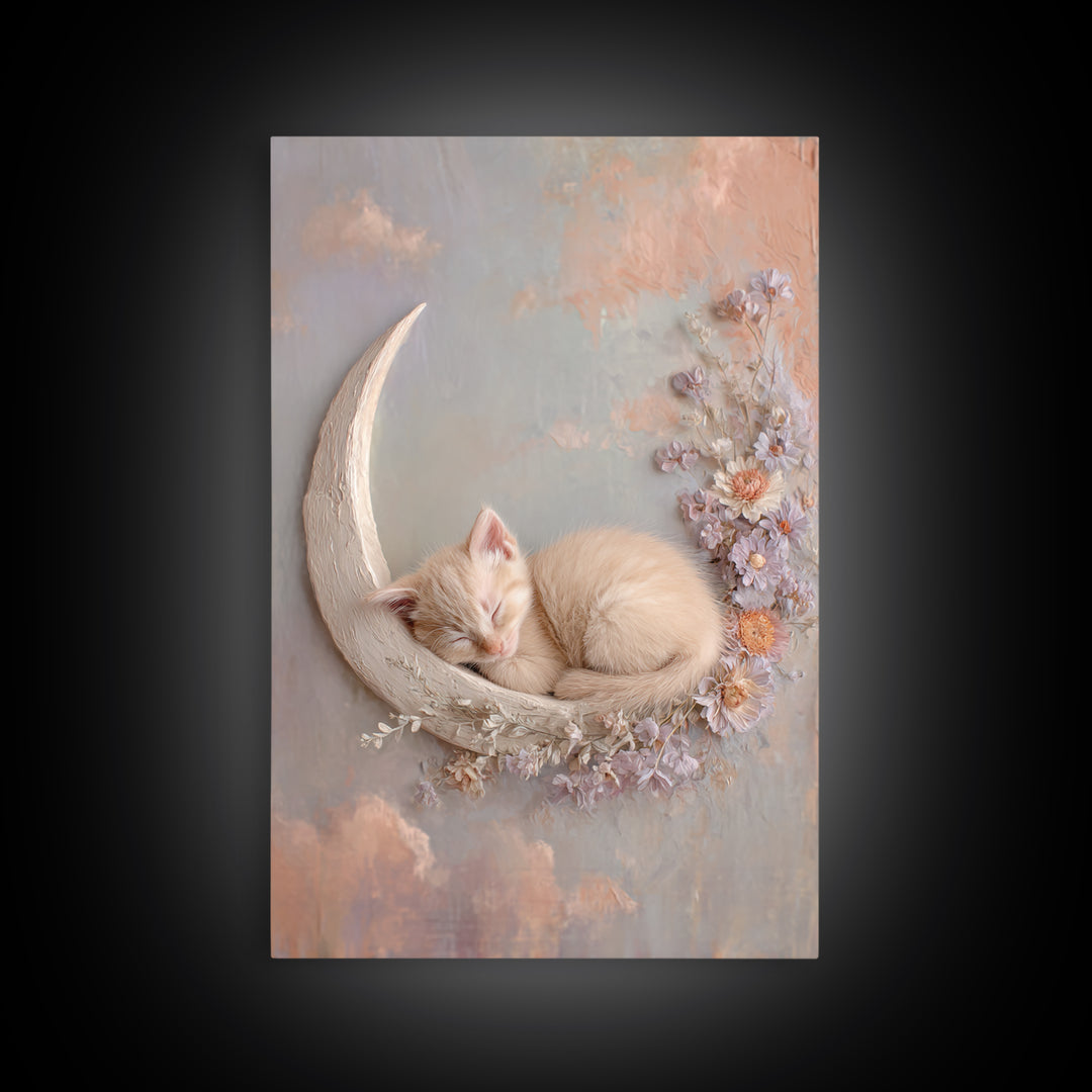 Sleeping Kitten on Crescent Moon Framed Canvas Print, Nursery Decor, Framed Wall Art, Fine Art, Nursery, Safari Nursery Decor, NDE-2x3-1