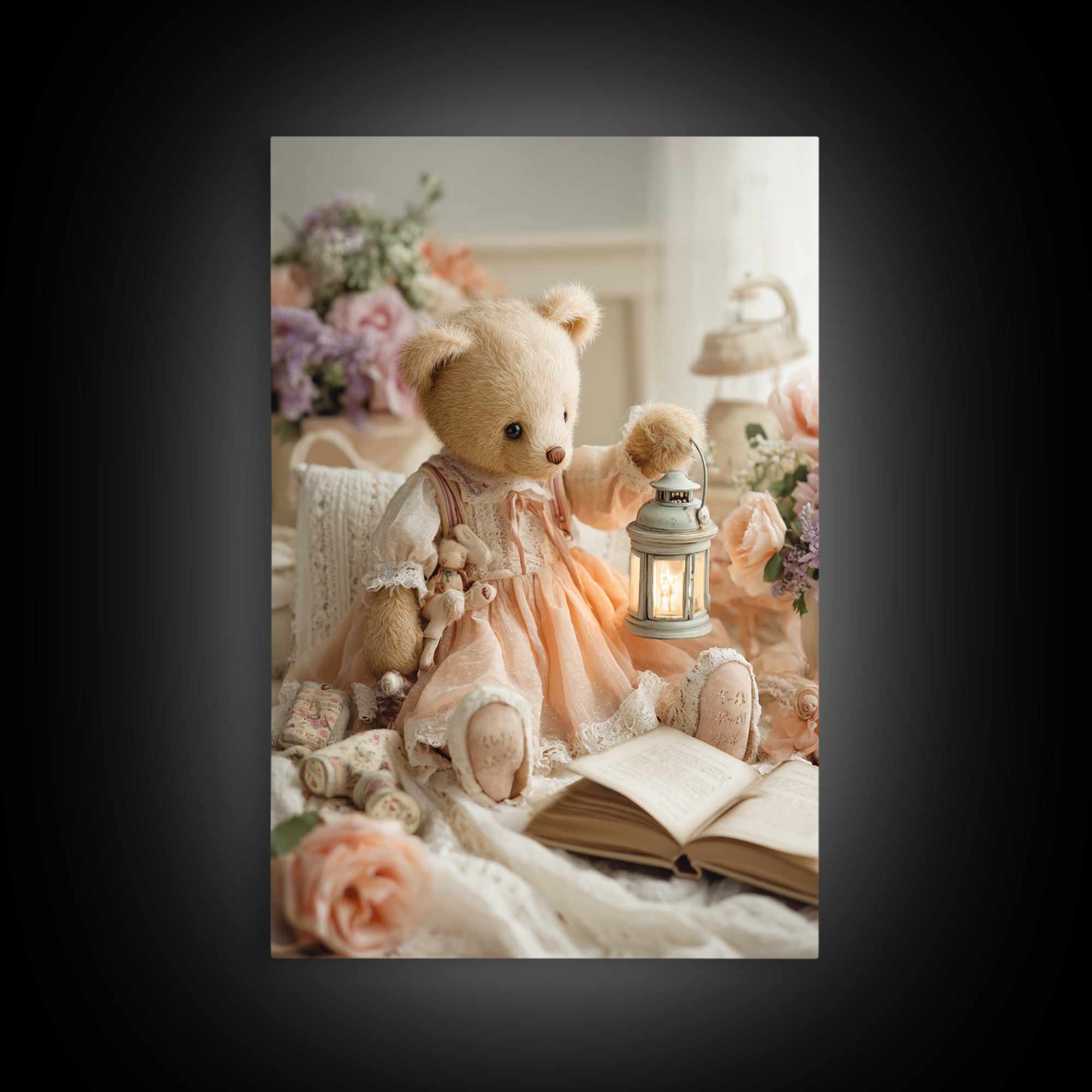Storybook Bear with Little Lantern Framed Canvas Print, Nursery Decor, Wall Decals, Abstract Art, Nursery, Girl Nursery Decor, NDE-2x3-17