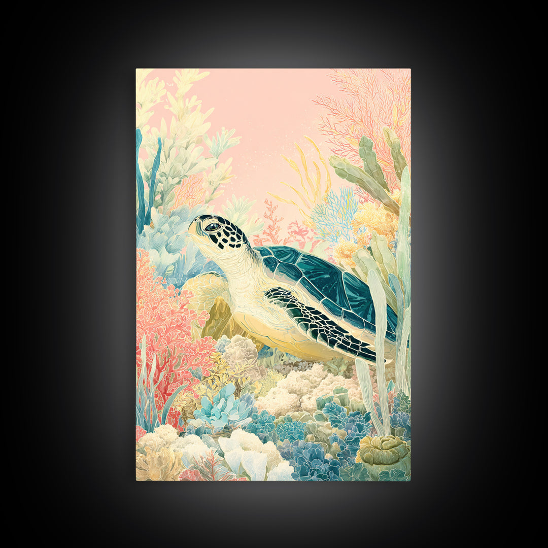 Tiny Turtle with Sea Plants Framed Canvas Print, Nursery Decor, Room Decor, Fine Art, Nursery, Framed Wall Art, Bedroom Decor, NDE-2x3-3