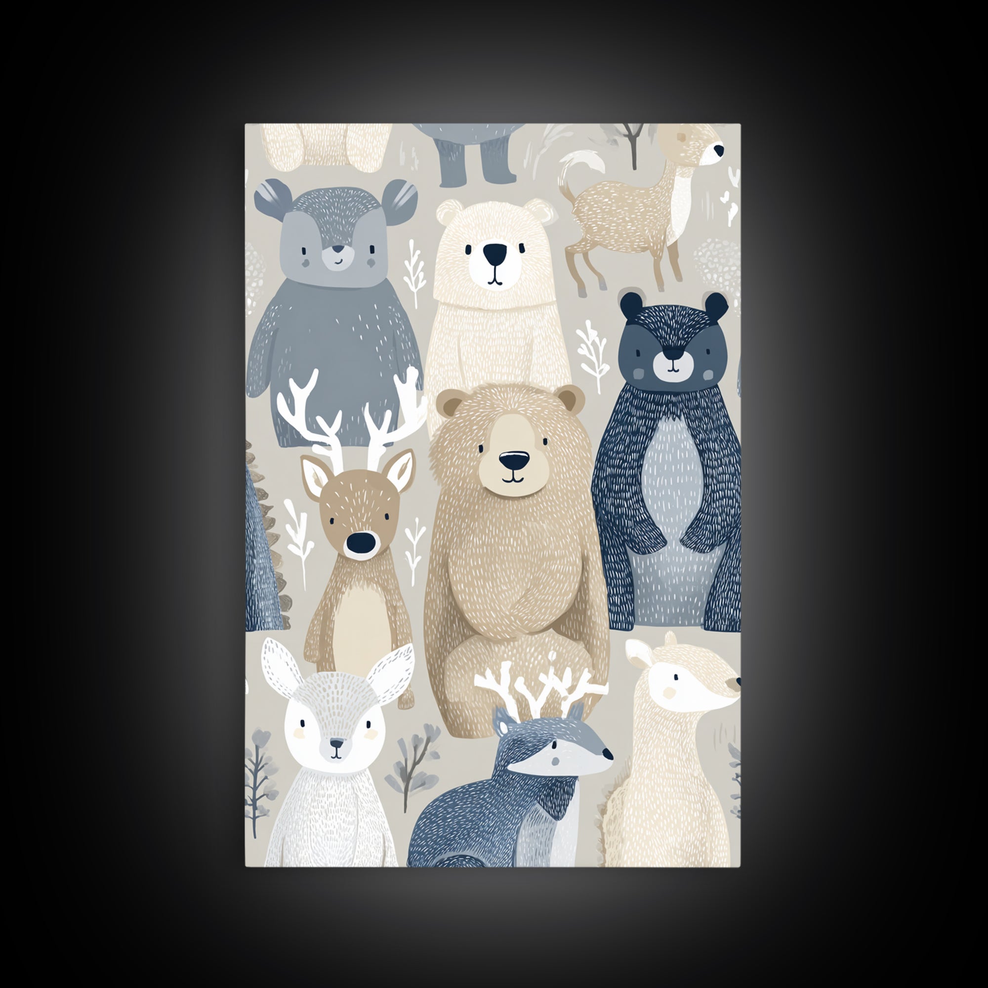 Woodland Animal Parade Framed Canvas Print, Nursery Decor, Canvas, Fine Art, Nursery, Playroom Decor, Floral Wall Art, NDE-2x3-34