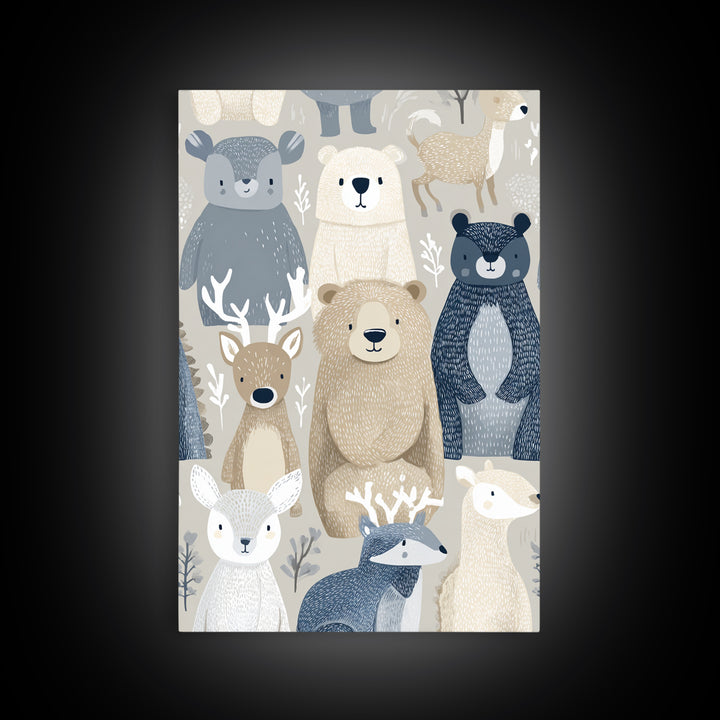 Woodland Animal Parade Framed Canvas Print, Nursery Decor, Canvas, Fine Art, Nursery, Playroom Decor, Floral Wall Art, NDE-2x3-34