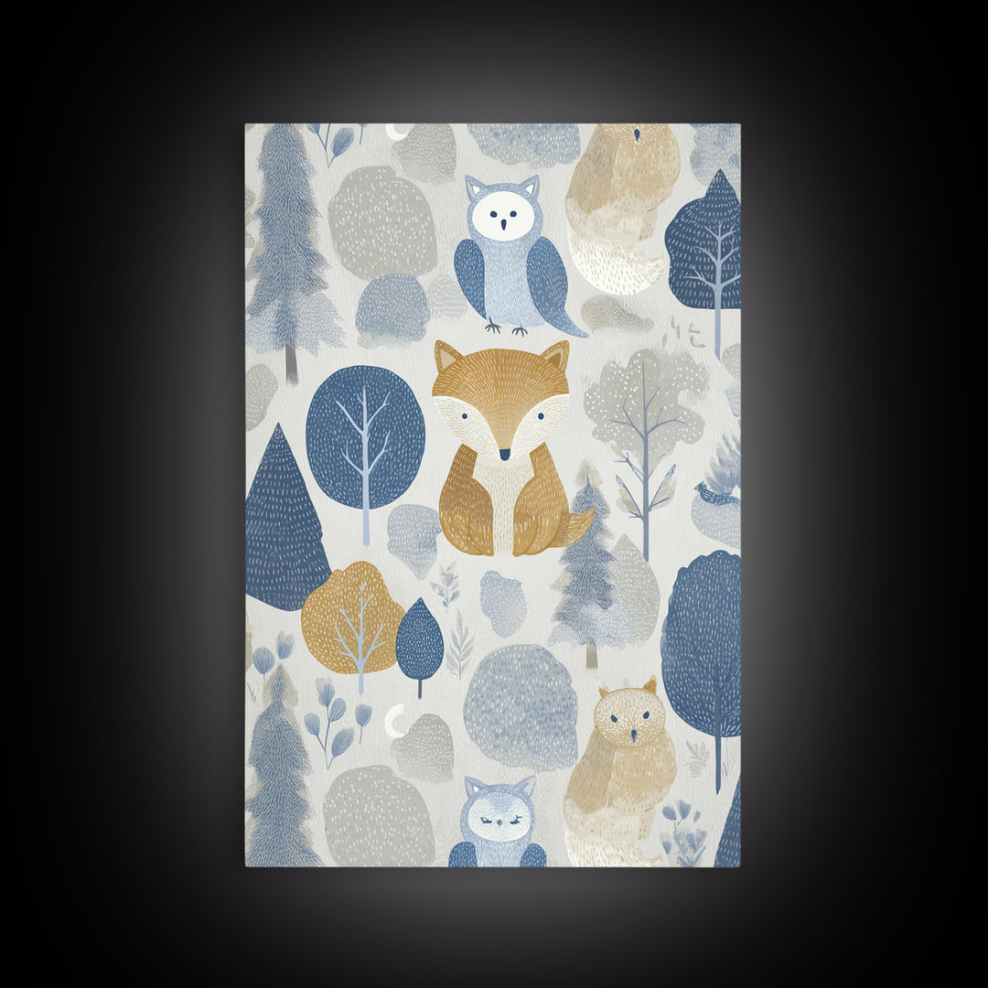 Fox and Owl Friends Framed Canvas Print, Nursery Decor, Wall Decor, Fine Art, Nursery, Woodland Nursery Decor, Nursery Prints, NDE-2x3-46