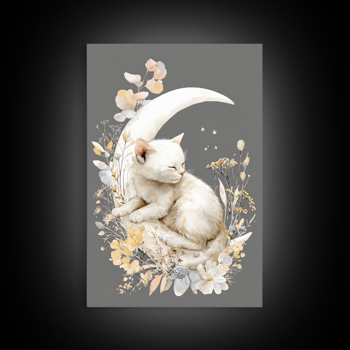 Sleeping Kitten on Crescent Moon Canvas Print, Nursery Decor, Nursery Art, Nursery, Kids Wall Art, Nursery Wall Decals, NDE-2x3-49