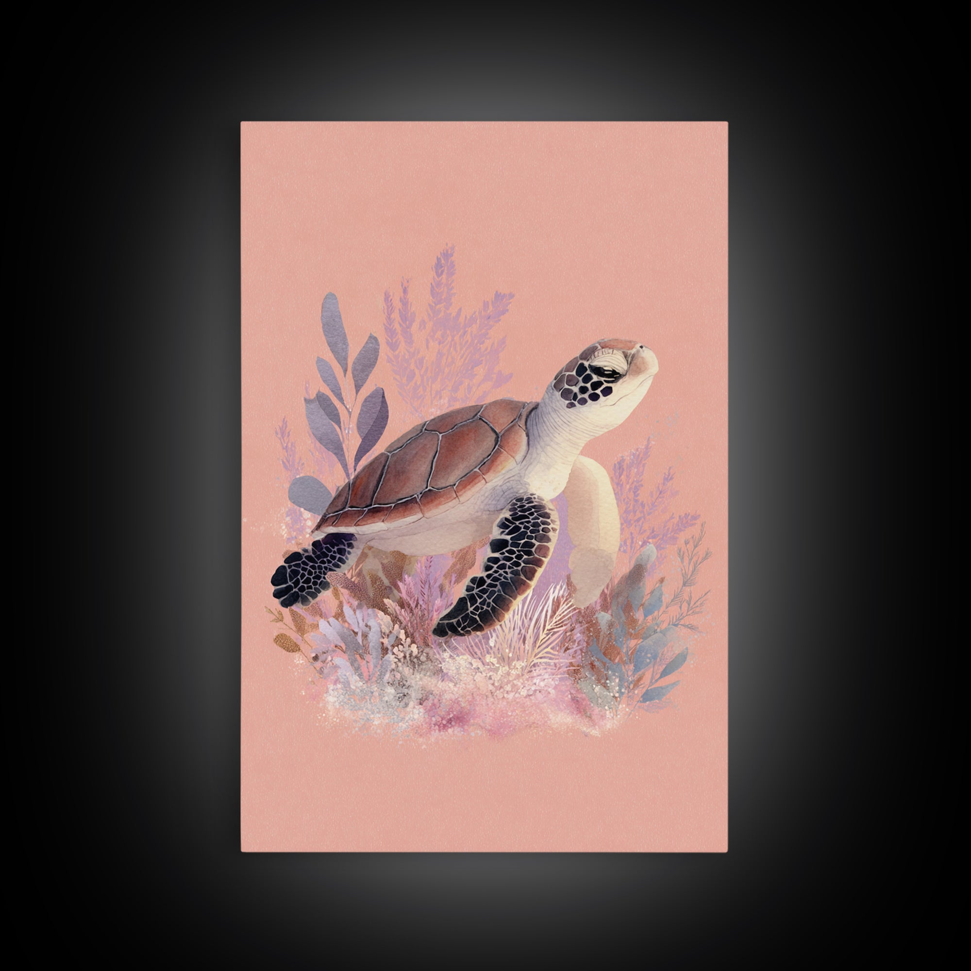 Tiny Turtle with Sea Plants Framed Canvas Print, Nursery Decor, Nursery Wall Art, Oil Painting, Nursery, Botanical Wall Art, NDE-2x3-51