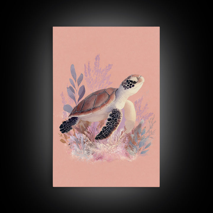 Tiny Turtle with Sea Plants Framed Canvas Print, Nursery Decor, Nursery Wall Art, Oil Painting, Nursery, Botanical Wall Art, NDE-2x3-51