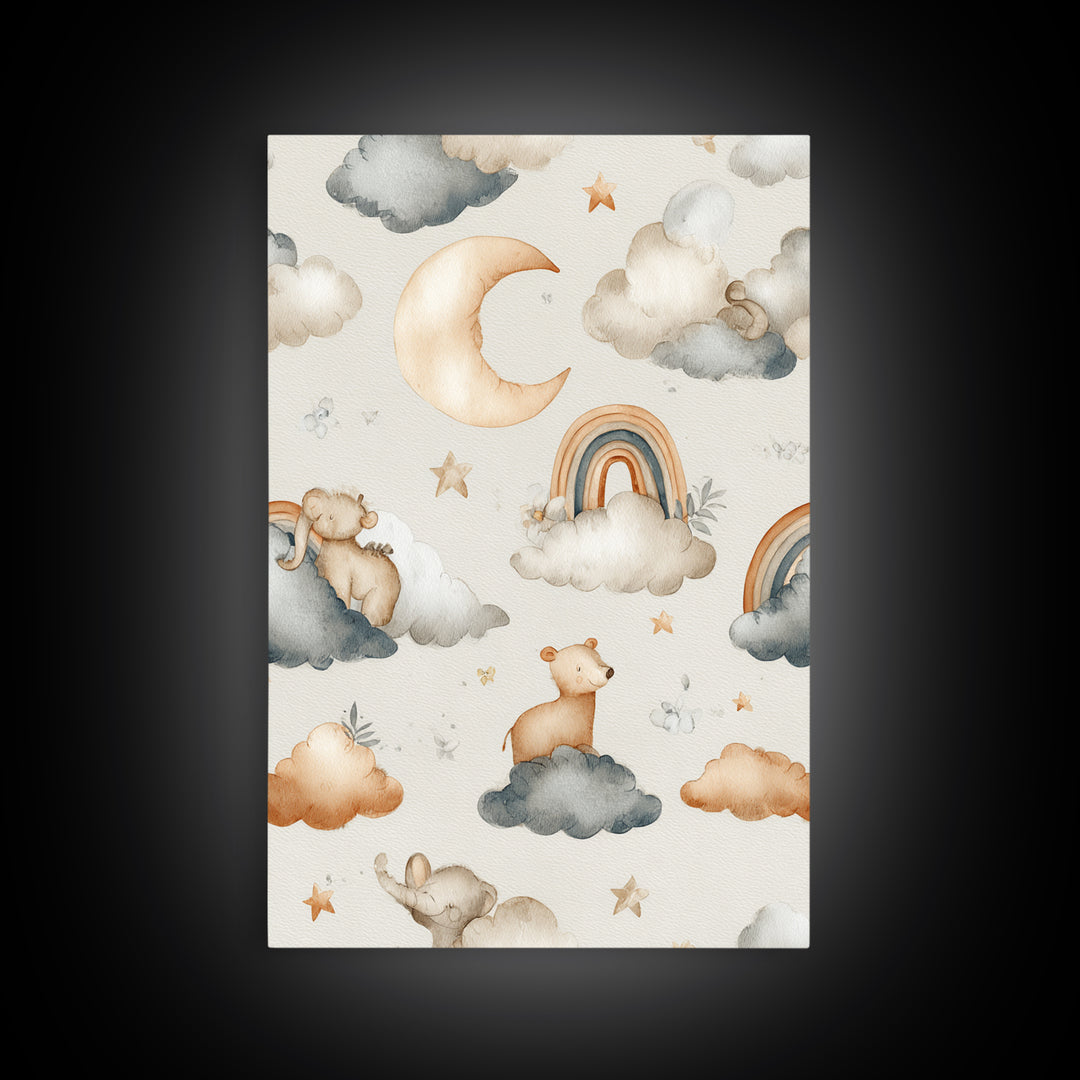 Cloud Rainbow and Raindrop Composition Framed Canvas Print, Nursery Decor, Wall Decor, Nursery, Woodland Nursery Decor, NDE-2x3-52