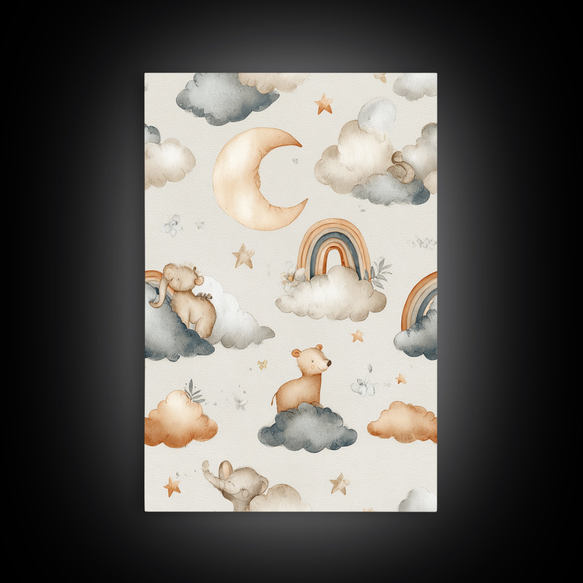 Cloud Rainbow and Raindrop Composition Framed Canvas Print, Nursery Decor, Wall Decor, Nursery, Woodland Nursery Decor, NDE-2x3-52