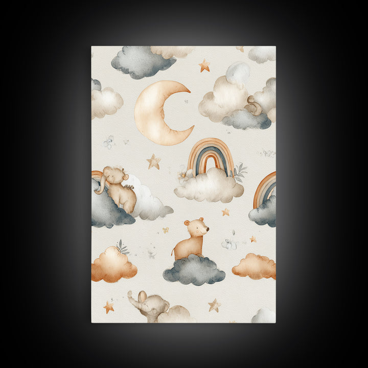 Cloud Rainbow and Raindrop Composition Framed Canvas Print, Nursery Decor, Wall Decor, Nursery, Woodland Nursery Decor, NDE-2x3-52