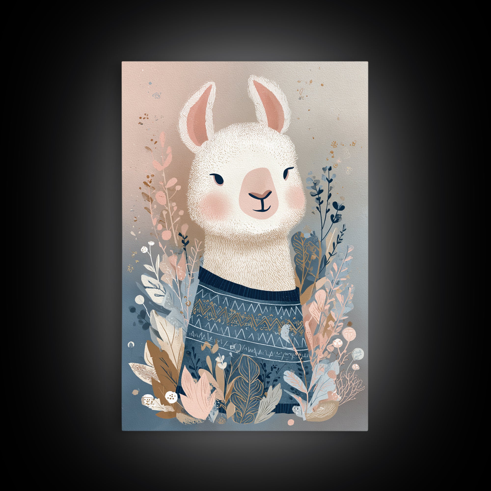 Cute Llama with Blanket Pattern Framed Canvas Print, Nursery Decor, Wall, Oil Painting, Nursery, Nursery Wall Decals, NDE-2x3-53
