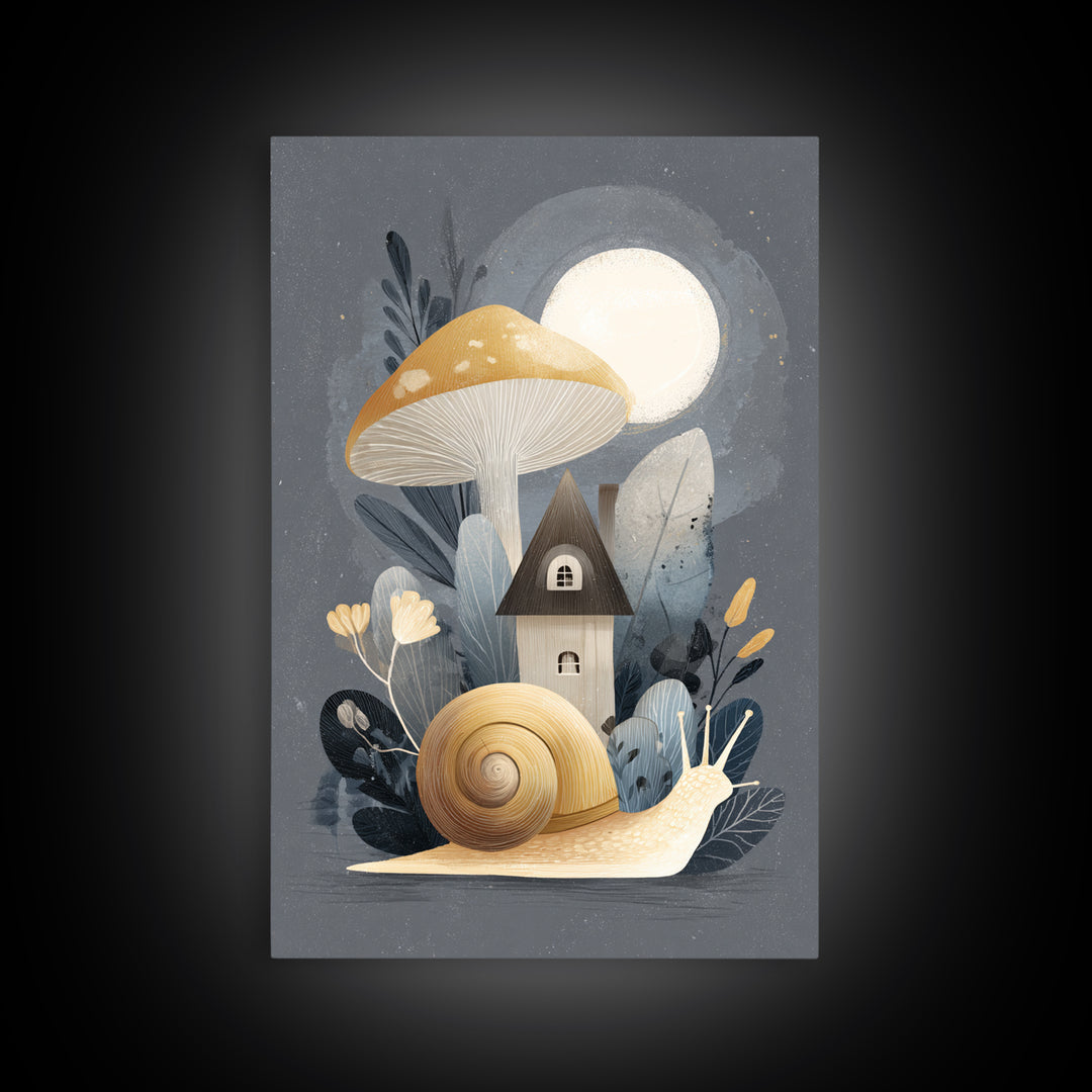 Garden Snail with Mushroom House Framed Canvas Print, Nursery Decor, Framed Wall Art, Oil Painting, Nursery, NDE-2x3-55