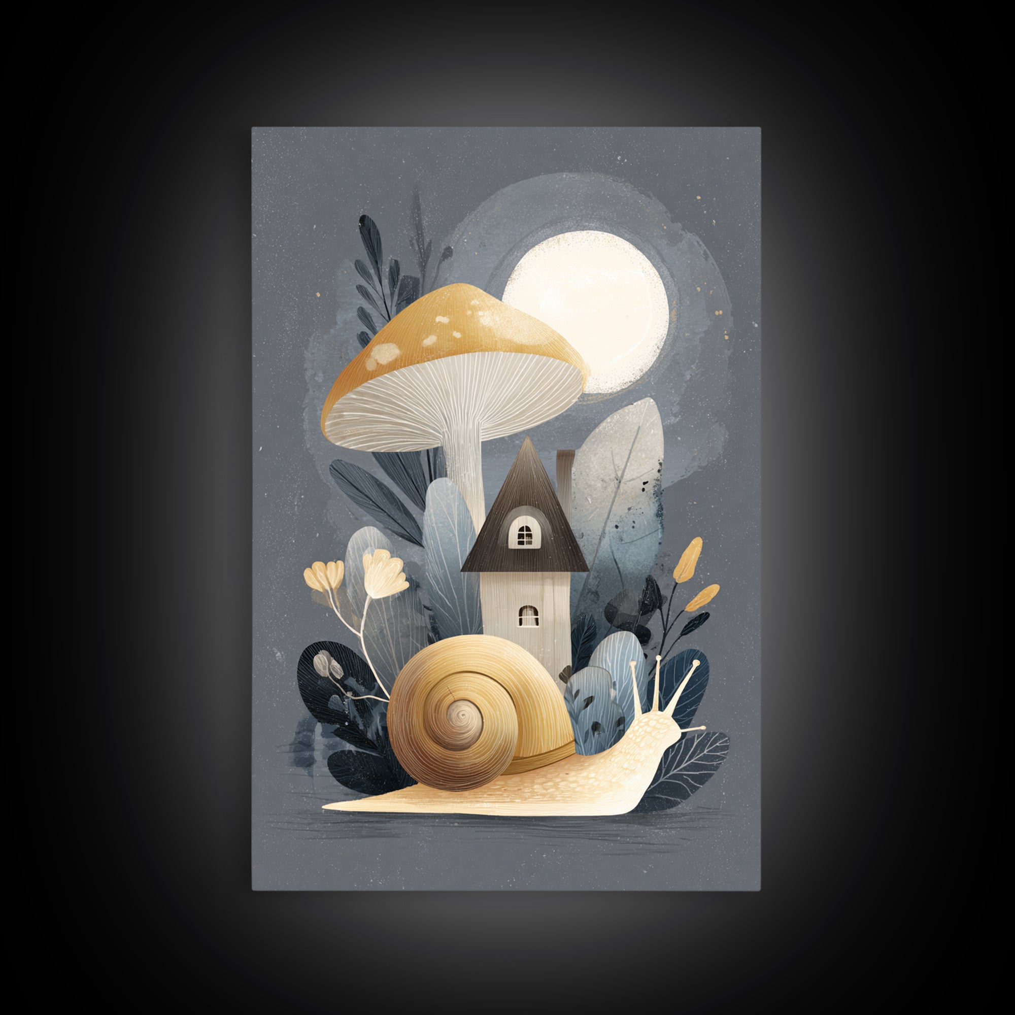 Garden Snail with Mushroom House Framed Canvas Print, Nursery Decor, Framed Wall Art, Oil Painting, Nursery, NDE-2x3-55
