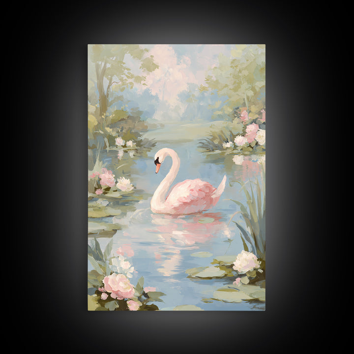 Pink Swan on Calm Pond Framed Canvas Print, Nursery Decor, Floral Wall Art, Fine Art, Nursery, Gallery Decor, Neutral Decor, NDE-2x3-69