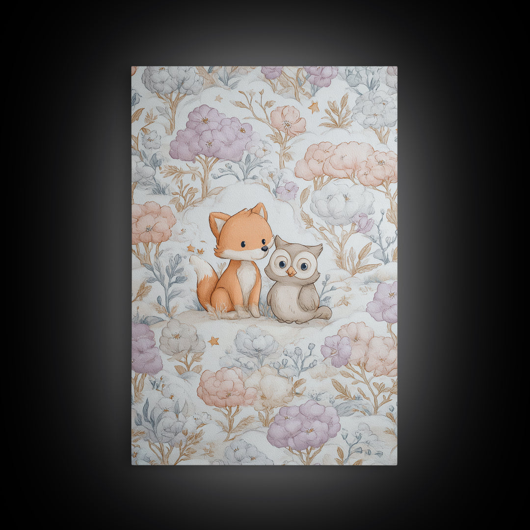 Fox and Owl Friends Canvas Print, Nursery Decor, Framed Wall Art, Oil Painting, Nursery, Safari Nursery Decor, Floral Wallpaper, NDE-2x3-70