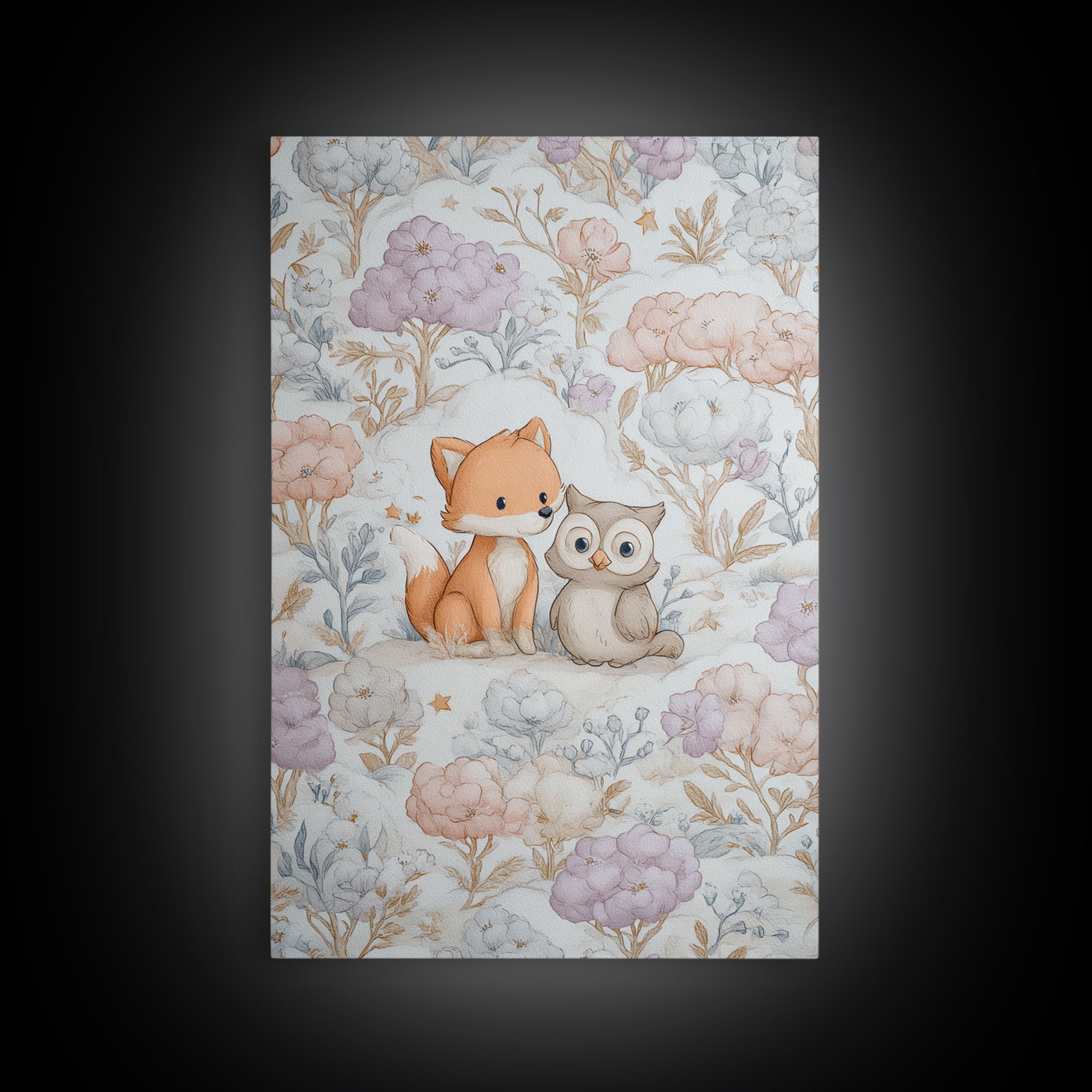 Fox and Owl Friends Canvas Print, Nursery Decor, Framed Wall Art, Oil Painting, Nursery, Safari Nursery Decor, Floral Wallpaper, NDE-2x3-70