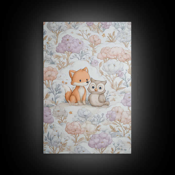 Fox and Owl Friends Canvas Print, Nursery Decor, Framed Wall Art, Oil Painting, Nursery, Safari Nursery Decor, Floral Wallpaper, NDE-2x3-70