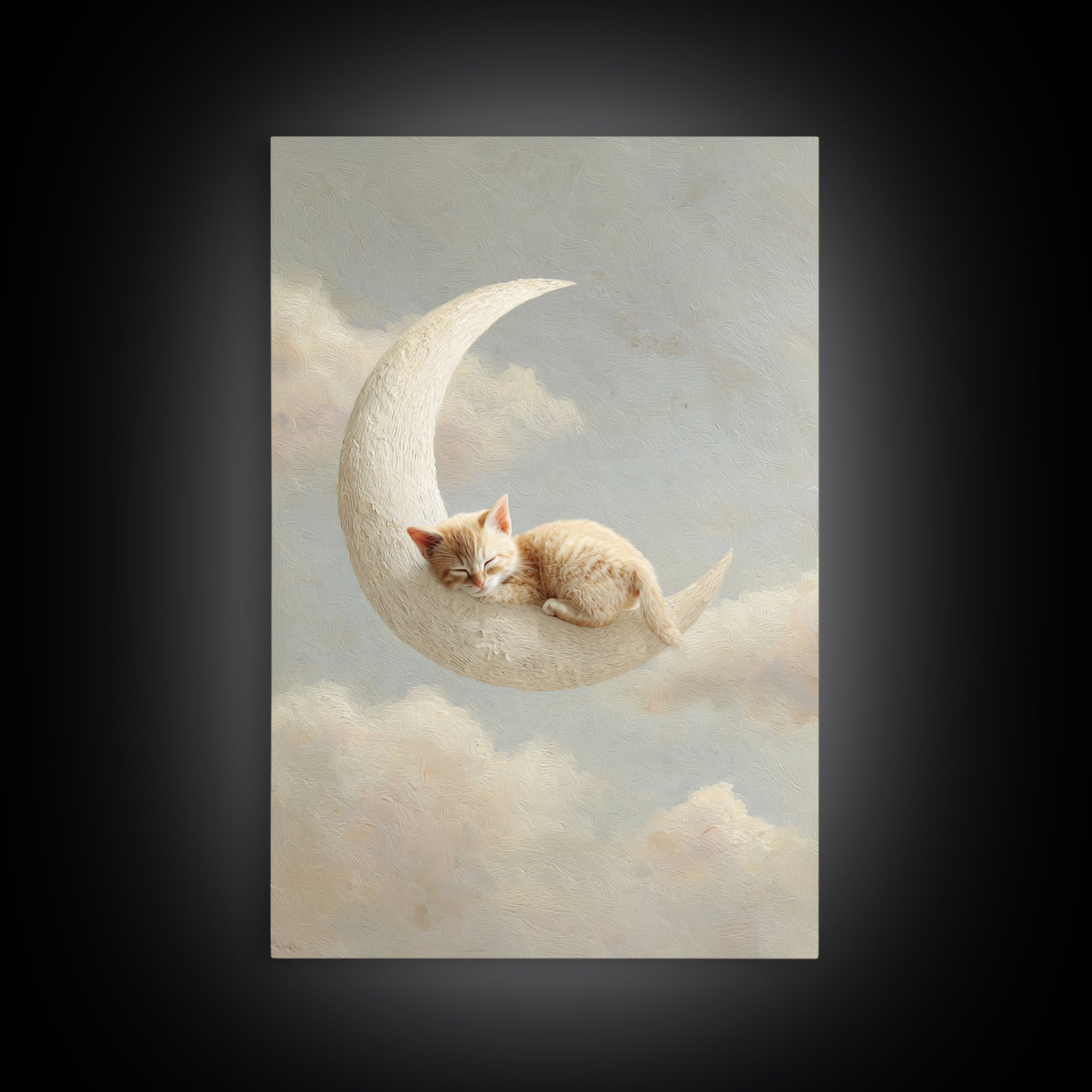 Sleeping Kitten on Crescent Moon Framed Canvas Print, Nursery Decor, Botanical Wall Art, Fine Art, Nursery, Neutral Decor, NDE-2x3-73