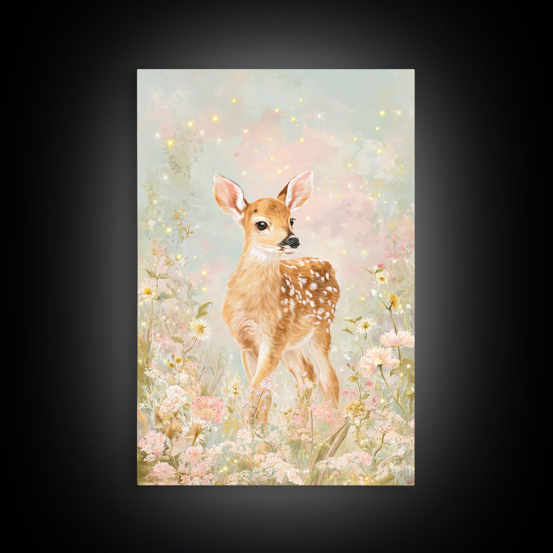 Baby Deer in Meadow with Fireflies Framed Canvas Print, Nursery Decor, Wall Decal, Nursery, Wall Light, Girl Nursery Decor, NDE-2x3-78