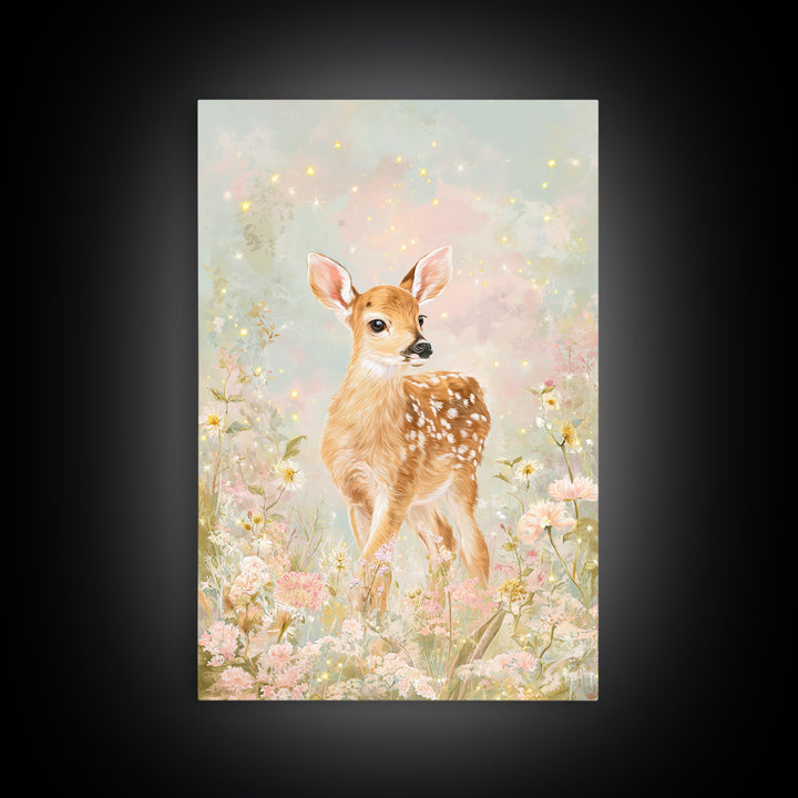 Baby Deer in Meadow with Fireflies Framed Canvas Print, Nursery Decor, Wall Decal, Nursery, Wall Light, Girl Nursery Decor, NDE-2x3-78