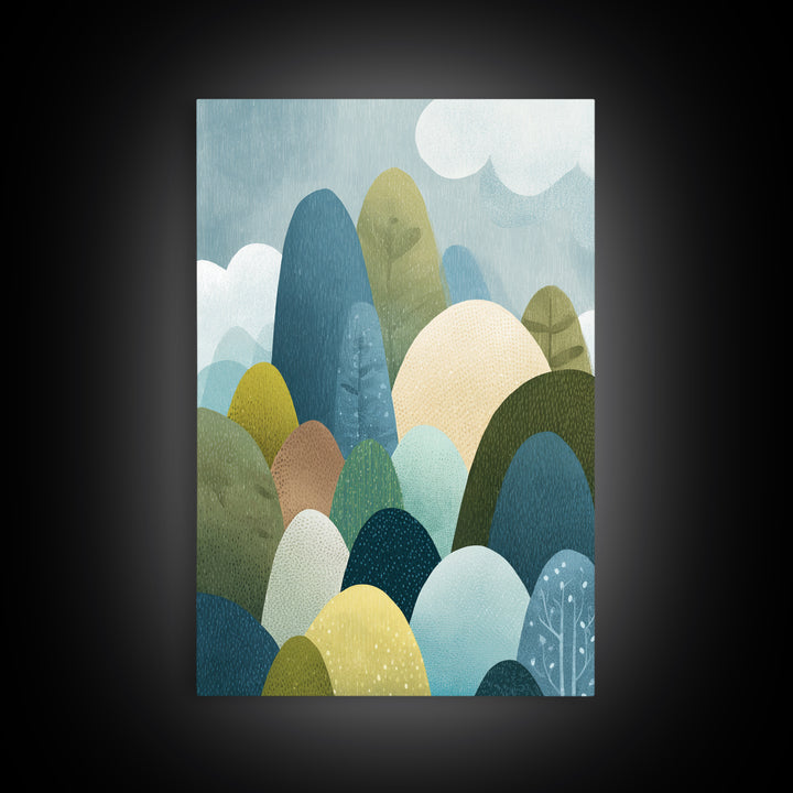 Calm Mountain Nursery Landscape Framed Canvas Print, Nursery Decor, Bedroom Decor, Fine Art, Nursery, Floral Wallpaper, NDE-2x3-80