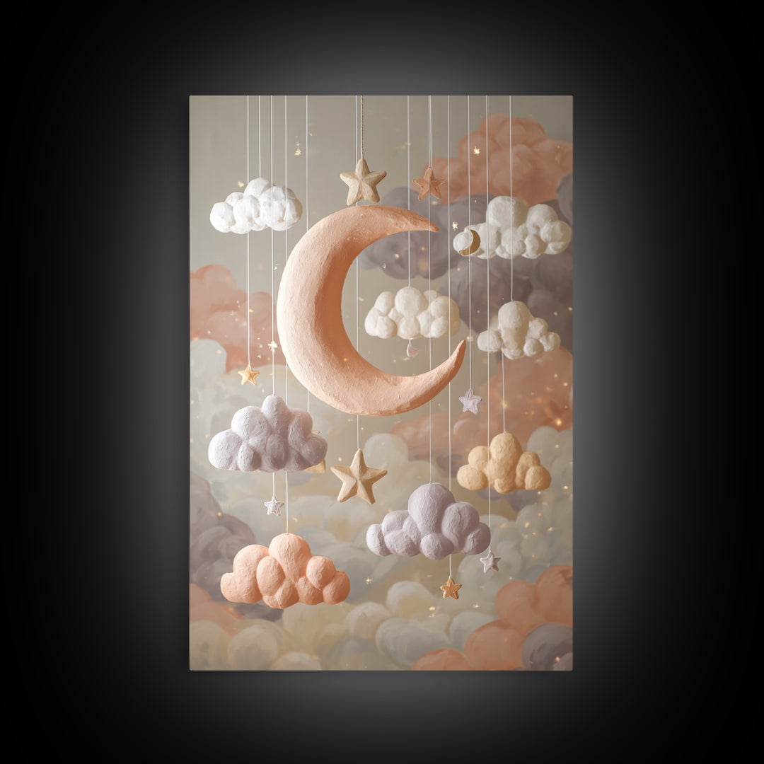 Moon Phase Mobile Framed Canvas Print, Nursery Decor, Kids Wall Art, Abstract Art, Nursery, Room Decor, Textured Painting, NDE-2x3-83