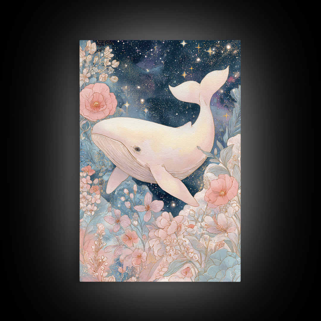 Baby Whale Swimming Through Stars Framed Canvas Print, Nursery Decor, Nursery Prints, Fine Art, Nursery, Nursery Wall Decal, NDE-2x3-88