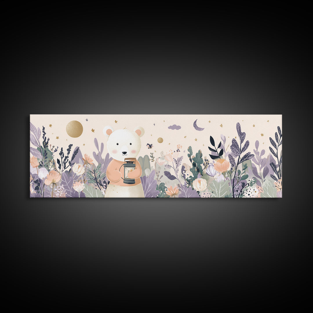 Storybook Bear with Little Lantern Framed Canvas Print, Nursery Decor, Safari Nursery Decor, Fine Art, Nursery, Modern Decor, NDE-3x1-1