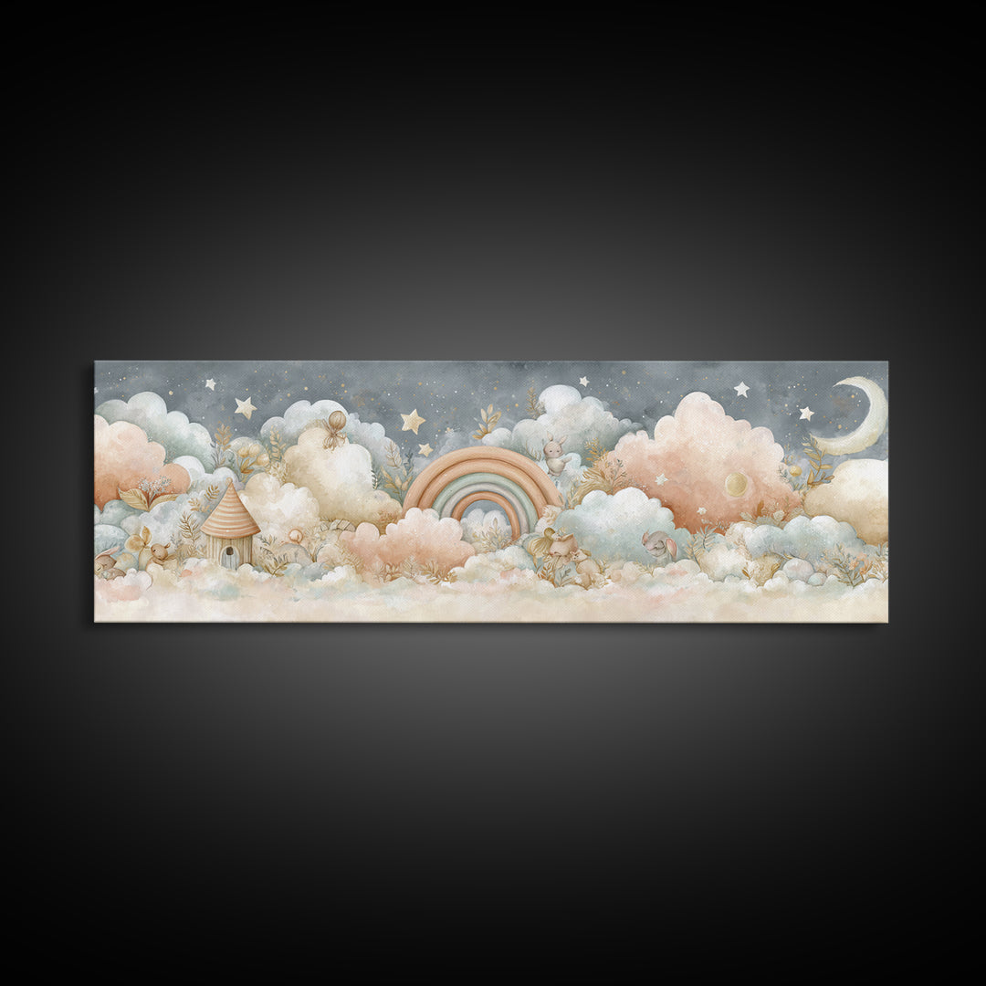 Cloud Rainbow and Raindrop Composition Framed Canvas Print, Nursery Decor, Nursery Name Sign, Fine Art, Nursery, Luxury Decor, NDE-3x1-12