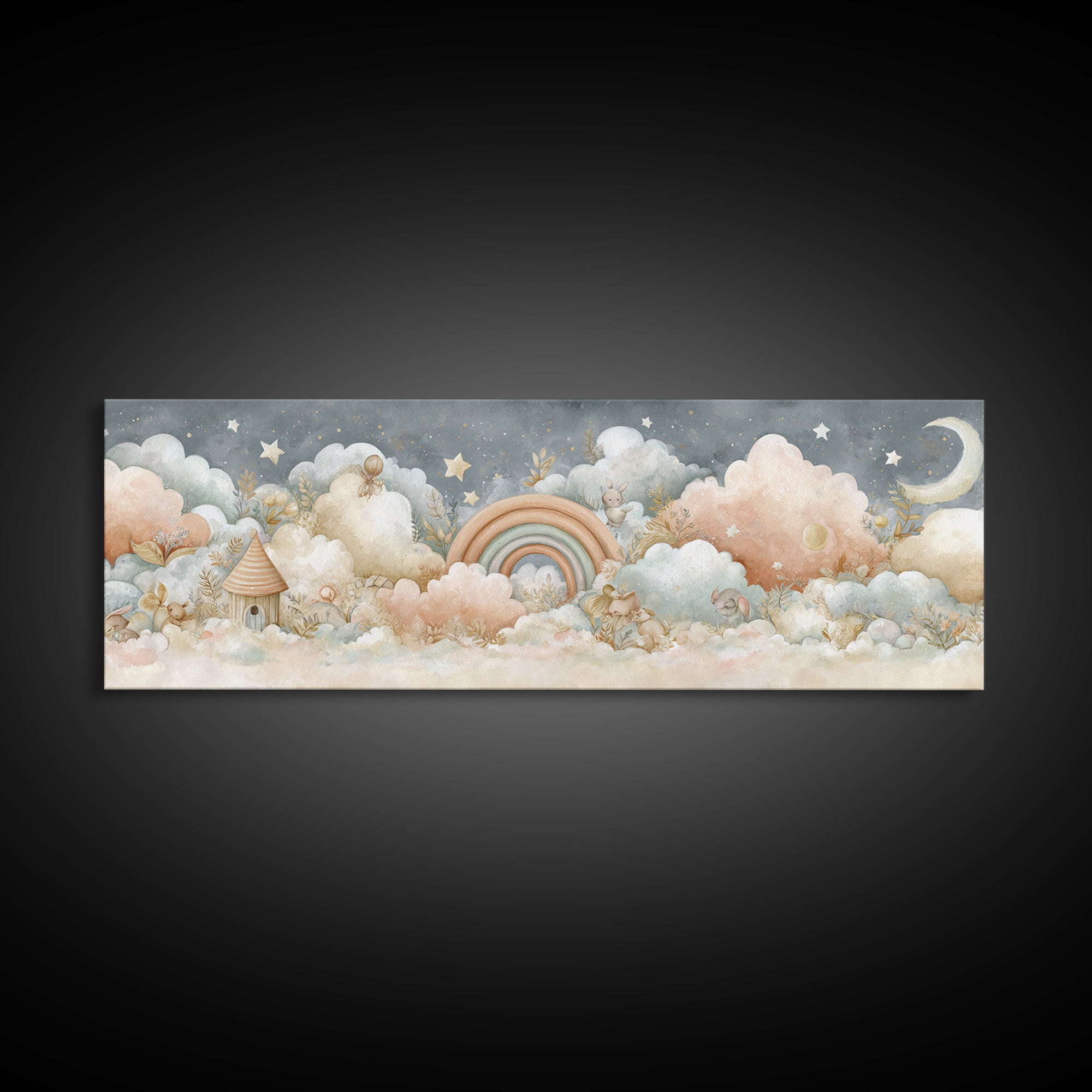 Cloud Rainbow and Raindrop Composition Framed Canvas Print, Nursery Decor, Nursery Name Sign, Fine Art, Nursery, Luxury Decor, NDE-3x1-12
