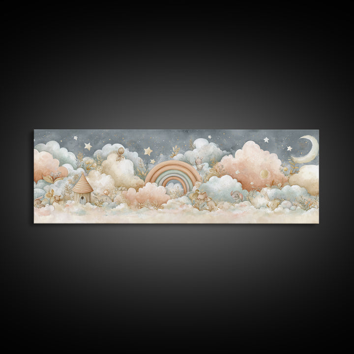 Cloud Rainbow and Raindrop Composition Framed Canvas Print, Nursery Decor, Nursery Name Sign, Fine Art, Nursery, Luxury Decor, NDE-3x1-12
