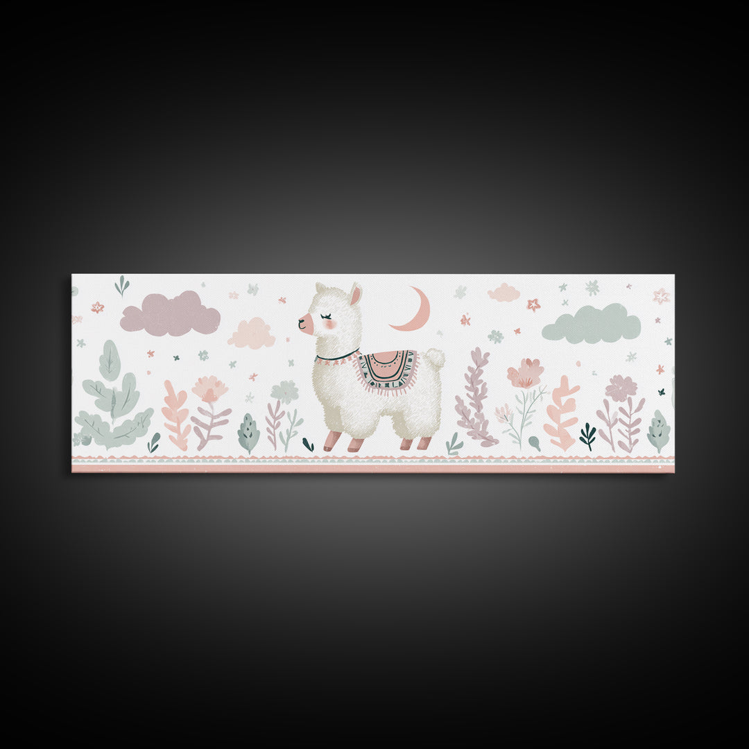 Cute Llama with Blanket Pattern Canvas Print, Nursery Decor, Playroom Decor, Nursery, Boy Nursery Decor, Gallery Decor, NDE-3x1-13