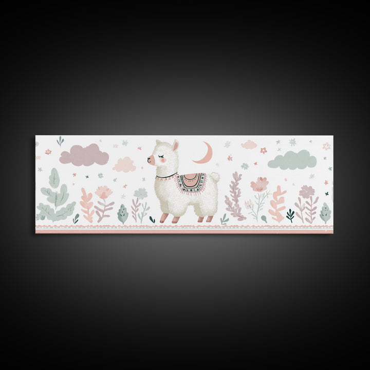 Cute Llama with Blanket Pattern Canvas Print, Nursery Decor, Playroom Decor, Nursery, Boy Nursery Decor, Gallery Decor, NDE-3x1-13