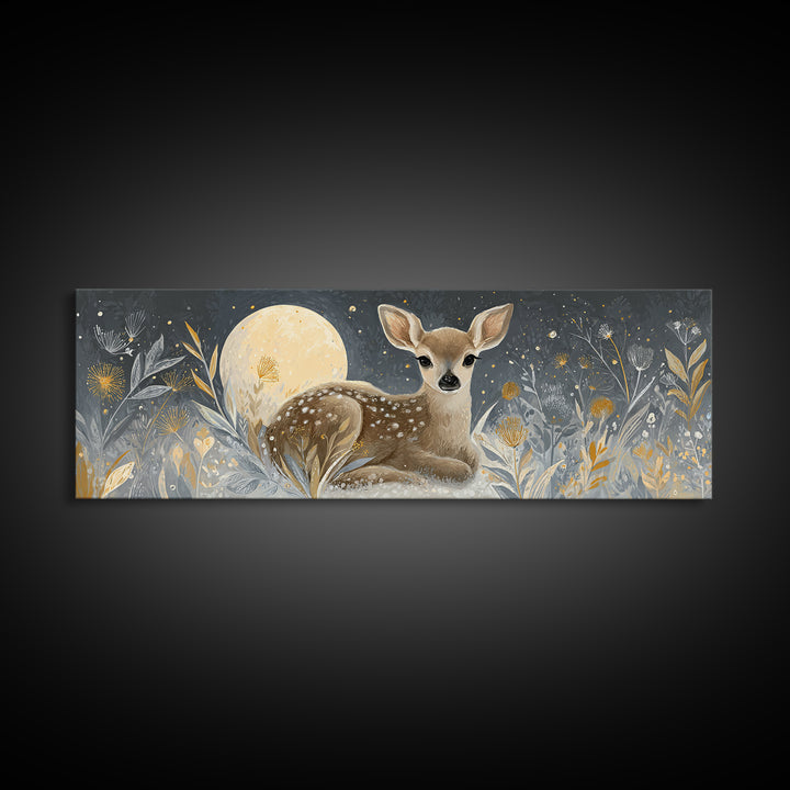 Baby Deer in Meadow with Fireflies Canvas Print, Nursery Decor, Modern Decor, Fine Art, Nursery, Wall Decor, Art Print, NDE-3x1-14