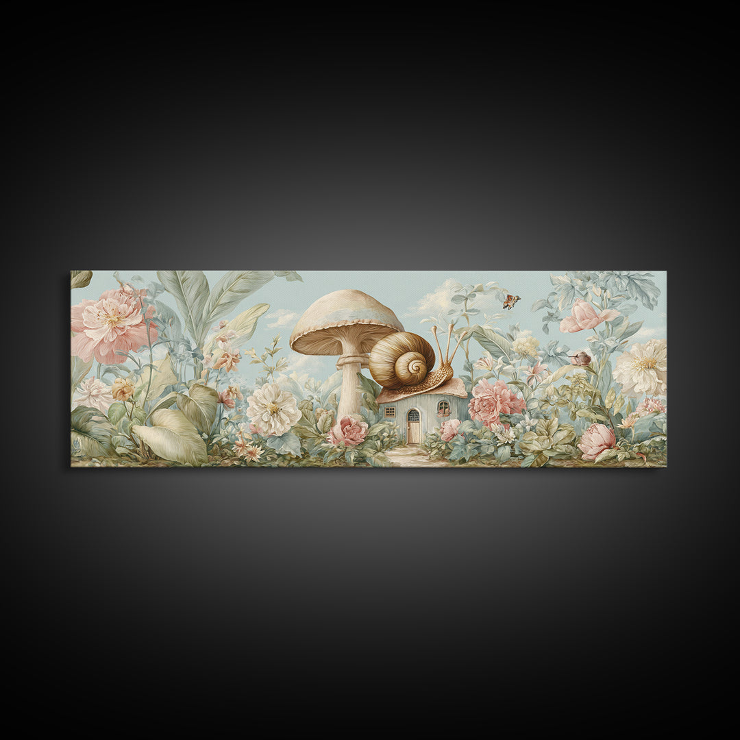 Garden Snail with Mushroom House Framed Canvas Print, Nursery Decor, Gallery Decor, Fine Art, Nursery, Wall Art, Home Decor, NDE-3x1-15